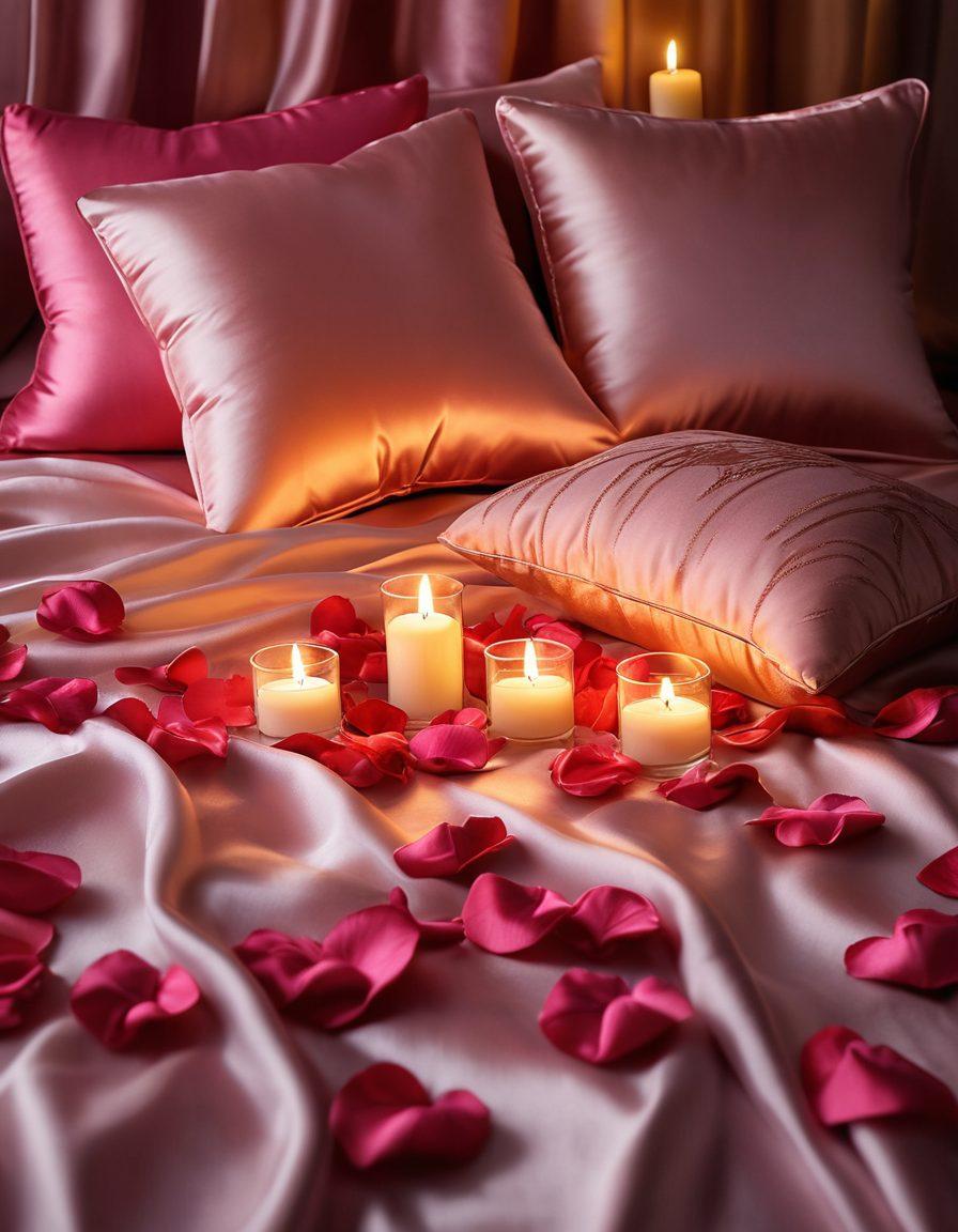 An elegant display of various adult love toys arranged artfully on a soft silk fabric, surrounded by ambient candlelight casting a warm glow. Incorporate plush pillows and romantic rose petals for a cozy atmosphere, symbolizing intimacy and connection. The scene should evoke feelings of warmth and passion, with soft focus to heighten allure. super-realistic. vibrant colors. soft lighting.