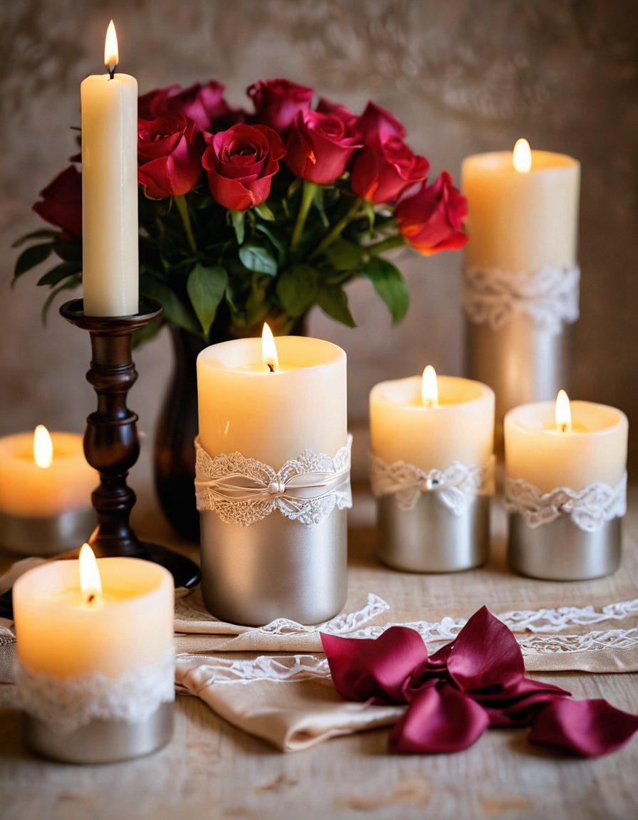 A beautifully arranged collection of romantic and sensual accessories, including satin ties, delicate lace, and shimmering candles, set against a soft, dimly lit background. The scene conveys an intimate ambiance, with hints of rose petals scattered artistically. Subtle glimmers of light reflect off metallic items, creating a warm and inviting aura. Include elegant typography displaying the blog title 'Ignite Passion'. vibrant colors. soft lighting. romantic.