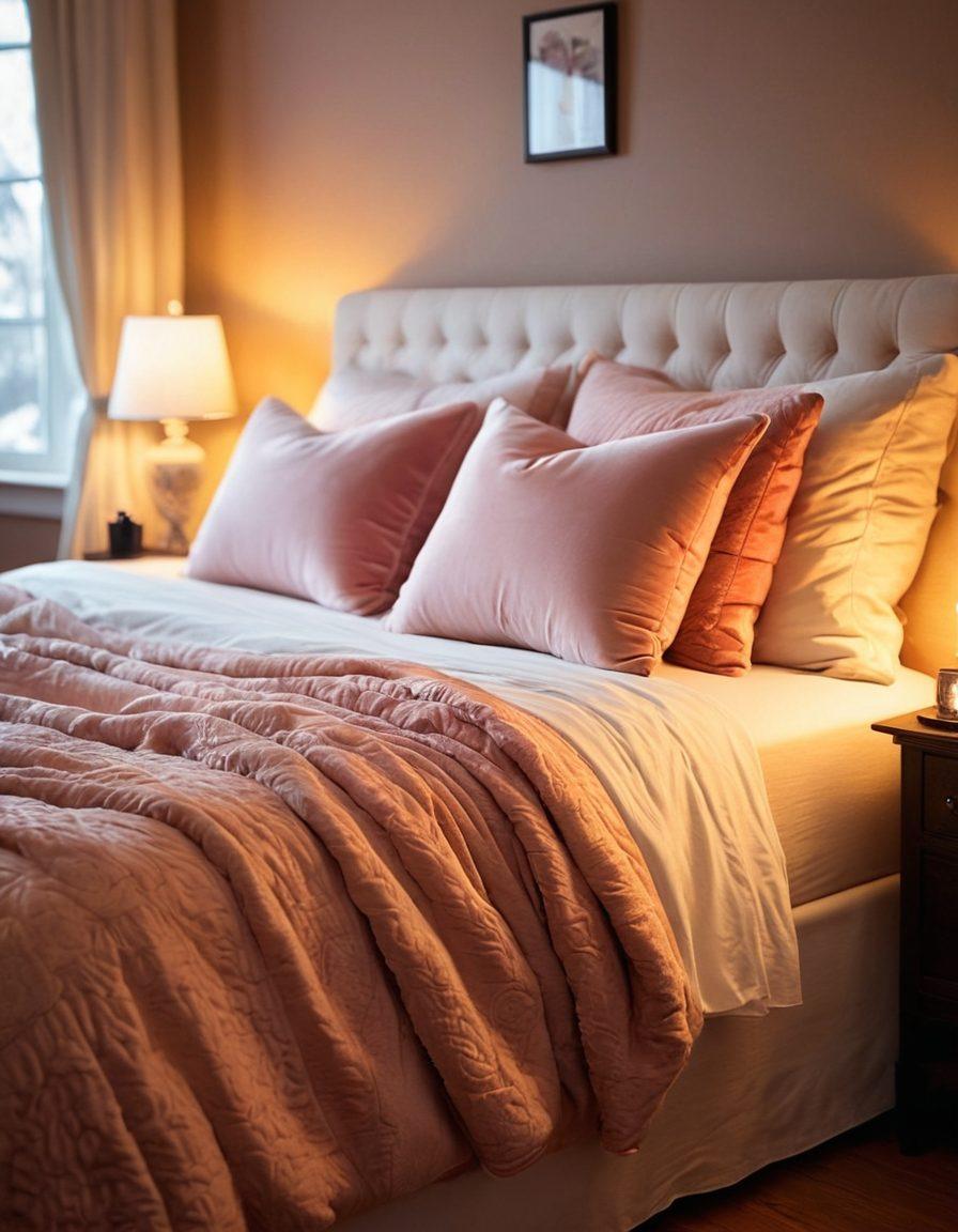 A cozy, intimate bedroom scene featuring a beautifully arranged selection of elegant adult toys, showcasing their unique designs and textures on a soft, plush bedspread. Mood lighting casts a warm glow that highlights the toys, while a romantic atmosphere is conveyed through soft pillows and decor. Include subtle hints of passion, such as a rose and candlelight, to evoke the theme of enhancing relationships. artistic photography. soft focus. warm tones.